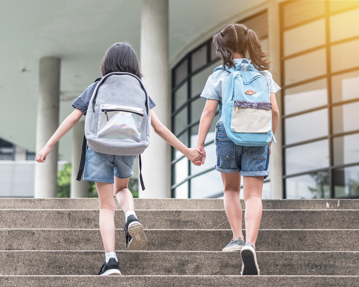 Back to school education concept with girl kids (elementary students) carrying backpacks going to class holding hand in hand together walking up school building stair happily Back to school education concept with girl kids (elementary students) carrying backpacks going to class holding hand in hand together walking up school building stair happily